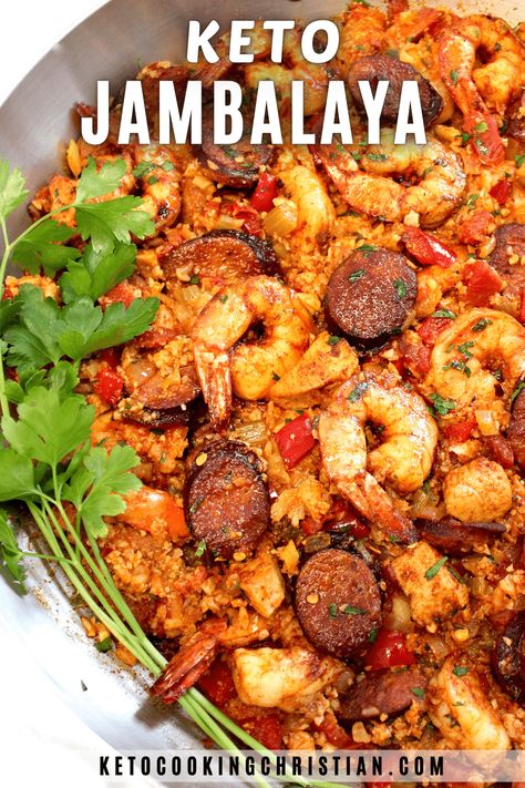 Keto Jambalaya This easy and healthy Keto Jambalaya with sausage, chicken, and shrimp is bursting with the most incredible layers of flavor and texture and it's ready in just 45 minutes! #ketocajun #ketodinners #lowcarbdinners Sausage Low Carb Dinner, Shrimp And Sausage Keto Dinner, Keto Jumbolia, Keto Jambalaya Recipe, Keto Chicken Sausage Recipes, Keto Jambalaya, Keto Shrimp, Keto Seafood, Keto Soups