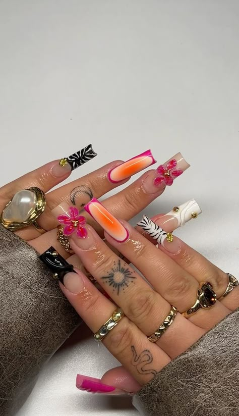 Solid Color Nails With Charms, Square Shaped Nails Long, Jhene Aiko Theme Nails, Square Freestyle Nails, Square Maximalist Nails, Long Square Spring Nails, Long Square Acrylic Nails Designs For Summer, Long Chunky Nails, Long Square Gel X Nails