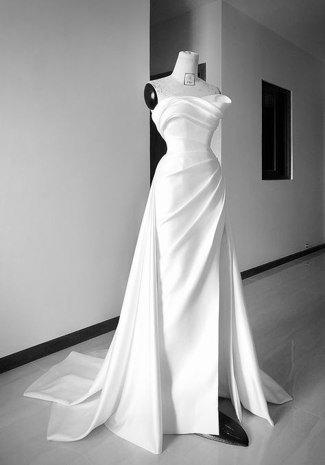 Draped Bridal Gown, Wedding Dresses Minimalist, Minimalist Bridal Gown, Elegant Draped Satin Wedding Dress, Chic Draped Wedding Gown, Minimalist Wedding Dresses With Bow, Minimalist Wedding Dresses Bow, Chic Draped Strapless Wedding Dress, Minimalist Wedding Gown