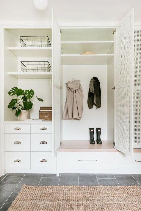 Mudroom Drawers, Transitional Laundry Room, White Built Ins, Mudroom Remodel, Mudroom Cabinets, Mudroom Flooring, Blue Shelves, Oak Floating Shelves, Mudroom Lockers