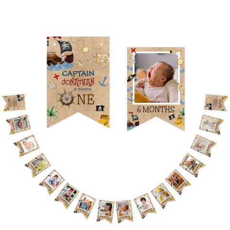 Pirate Watercolor, 12 Month Pictures, Pirate Themed Birthday Party, 12 Month Photos, Birthday 12, Pirate Themed Birthday, Picture Banner, Boy Birthday Party Themes, First Year Photos