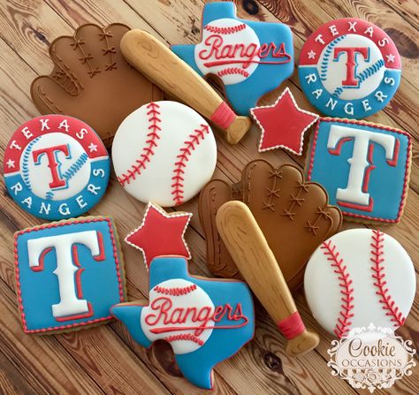 Baseball Snacks, Ranger Cookies, Sport Cakes, Bridal Shower Cookies, Baseball Birthday, Cookies Decorated, Themed Birthday Party, Custom Cookies, Sugar Cookies Decorated