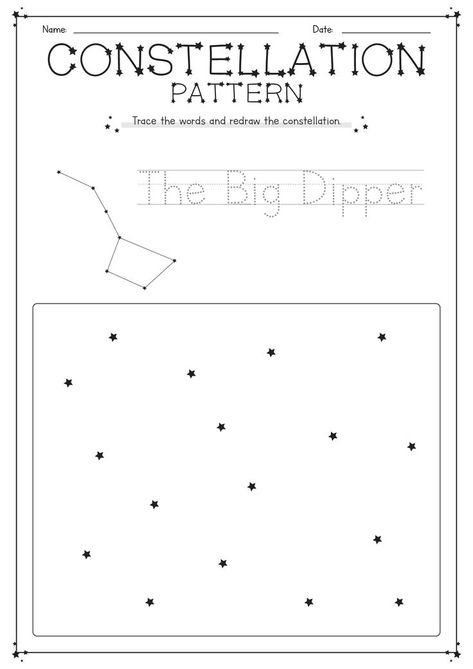 This worksheet is a great way for children to practice their fine motor skills by connecting the dots to reveal a constellation. Encourage your little ones to have fun while learning about the stars in the night sky with this engaging activity. Get ready to spark an interest in astronomy with this interactive worksheet! #AstronomyFun #LearningThroughPlay #StargazingWithKids #constellationconnectdots Constellation Worksheet, Constellations Activities, Star Constellations For Kids, Constellations For Kids, Constellation Activities, Dipper Constellation, Space Lessons, The Big Dipper, Astronomy Stars