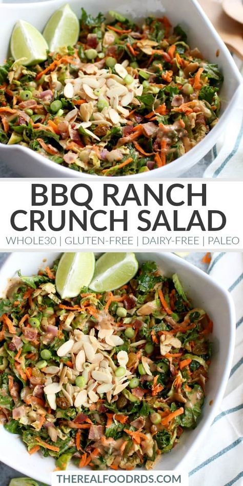 BBQ Ranch Chopped Salad with Brussels Sprouts & Kale | Whole30 salad | gluten-free salad | dairy-free salad | paleo salad recipe | healthy salad recipe | delicious salad recipe || The Real Food Dietitians #whole30salad #glutenfreesalad #healthysaladrecipe Whole30 Salad, Whole 30 Salads, Paleo Salad, Dairy Free Salads, Paleo Salad Recipes, Real Food Dietitians, Food Bbq, Gluten Free Salads, Paleo Salads