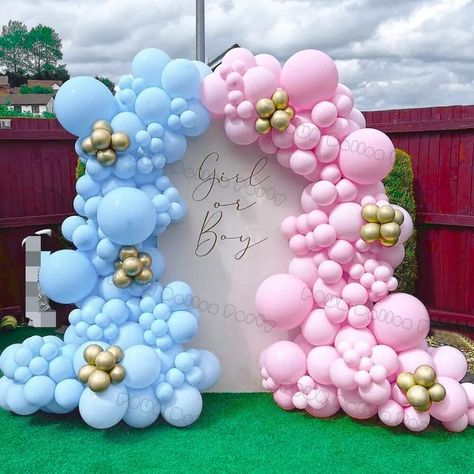 Gender Reveal Balloon Arch, Gender Reveal Balloon Garland, Baby Shower Balloon Arch, Baby Gender Reveal Party Decorations, Pregnancy Pics, Gender Reveal Party Theme, Idee Babyshower, Garland Ideas, Gender Reveal Balloons