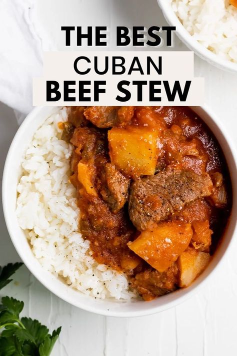 An overhead shot of carne con papas on white rice in a white bowl with the words "the best cuban beef stew" in the foreground Carne Con Papas Cuban, Beef Chunks Recipes, Papas Recipe, Cuban Beef, Beef Chunks, Beef Stew Meat Recipes, Stew Recipes Crockpot, Meat And Potatoes Recipes, Beef And Potato Stew