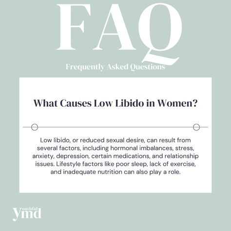 Low libido, or a reduced sexual desire, can be influenced by a variety of factors. Understanding these can help you address them and reclaim your intimate well-being.
Many women face this challenge, and there are effective ways to address it, whether through lifestyle changes, therapy, or medical intervention. 
Schedule your free consultation today:
📱 855-411-2225 
👉 Visit our website to learn more: www.youthfulmd.com.
#womenshealth #sexualwellness #hormonalbalance #mentalhealthmatters Low Libido, Women Face, Hormone Imbalance, Relationship Issues, Mental Health Matters, Hormone Balancing, Lifestyle Changes, Free Consultation, Womens Health