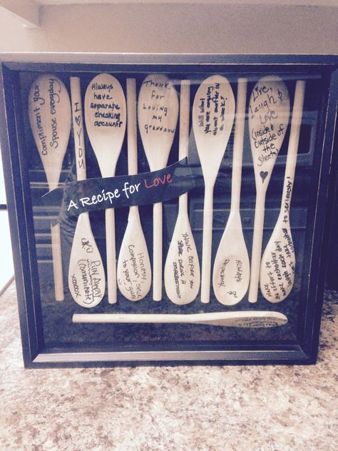 A recipe for love. Made this for the bride and groom. The spoons have messages from her guests at the bridal shower. Bridal Shower Keepsake For Bride, Recipe For Love, Italian Theme, Painted Flower Pots, Painted Flower, Bridal Shower Theme, Kitchen Tea, Maid Of Honor, Bride And Groom