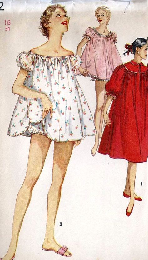 Negligee Pattern, 1960s Lingerie, Baby Nightgown, 1950s Pinup, Nightgown Pattern, Vintage Pajamas, Vintage Dress Patterns, Fashion 1950s, Easy Sewing Patterns