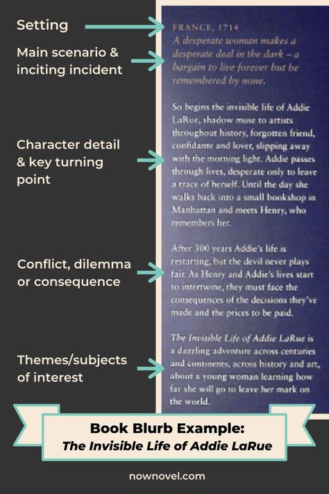 Book blurb example from The Invisible Life of Addie LaRue Book Blurbs, Literary Genres, Write Book, Summary Writing, Writer Tips, Writers Notebook, English Writing, Cool Writing, Writing Resources