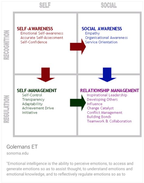 Daniel Goleman's 5 Components of Emotional Intelligence:   http://www.sonoma.edu/users/s/swijtink/teaching/philosophy_101/paper1/goleman.htm Electric Image, Conflict Management, 21st Century Learning, Social Awareness, Relationship Management, Self Assessment, Leadership Quotes, Leadership Development, Social Work