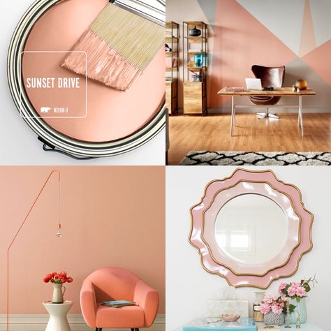 BEHR Paint - Sunset Drive Sunset Drive Paint Color, Sunset Drive Behr, Behr Sunset Drive, Behr Coral Paint Colors, Retro Pink Behr Paint, Sunset Drive Paint, Paint Sunset, Yoga And Meditation Space, Coral Kitchen