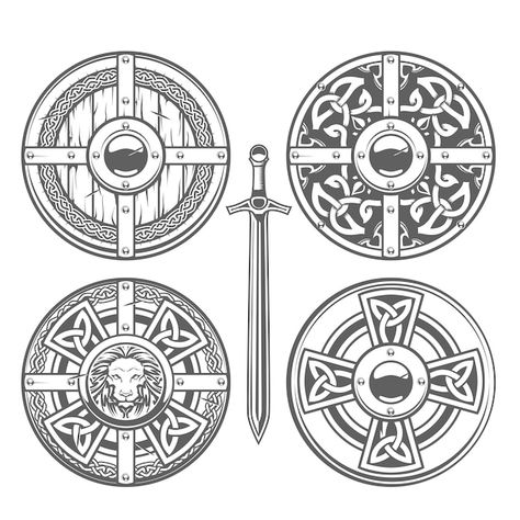 Conjunto de escudos redondos com padrão ... | Premium Vector #Freepik #vector Viking Shield Tattoo Design, Viking Shield Design, Shield Drawing, Escudo Viking, Heraldic Lion, Shield Tattoo, Round Shield, Celtic Shield, Lion Crest