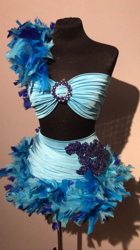 Turquoise two piece set decorated with turquoise and blue feather boa and diamond decoration on top Feather 2 Piece Outfit, Rio Themed Party Outfit, Rio Inspired Outfit, Carnival Outfit Brazil, Carribean Carnival Outfits, Rio Halloween Costume, Carnival Theme Outfit, Blue Dance Outfit, Rio Outfits