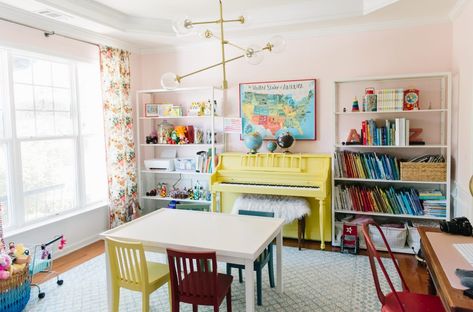 Turn Dining Room Into Playroom, Living Room Turned Playroom, Dining Room Converted To Playroom, Ikea Family Room, Dining Room Turned Craft Room, Playroom Dining Room Combo, Homeschool Playroom Combo, Playroom Office Combo, Playroom Office Combo Ideas