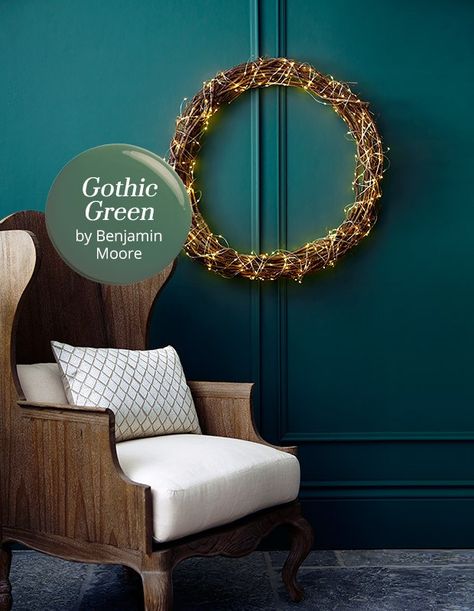 HueWeLove-Gothic-Green-BenjaminMoore-HH_DE15 Benjamin Moore Gothic Green, Beau Green Benjamin Moore, Holiday Wreath Ideas, Art Deco Inspired Living Room, Emerald Green Paint, Gothic Green, Teal Paint Colors, Bedroom Revamp, Cafe Lounge