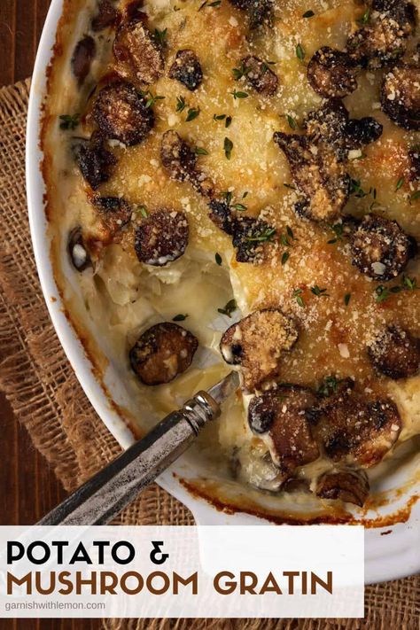 Looking for a new side dish for your holiday spread? Give your cheesy potatoes a much-needed update with some nutty gruyere cheese, sauteéd portobello mushrooms, and a generous sprinkle of fresh thyme. This Potato & Mushroom Gratin will be a new family favorite and no one needs to know how easy it is to make. Potatoe Mushroom Recipes, Potato Mushroom Casserole, Mushroom Potato Recipe, Potato And Mushroom Recipes, Mushroom And Potatoes, Potatoe Ideas, Veg Casserole, Potato Mushroom Recipe, Mushroom Gratin