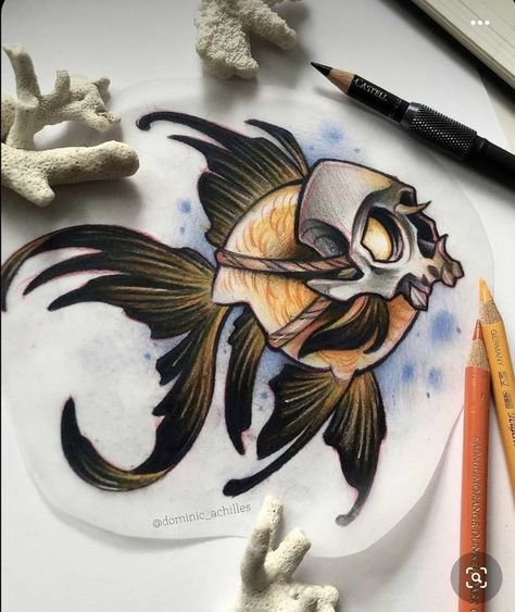 Als Tattoo, Neo Traditional Art, Goldfish Tattoo, 40 Tattoo, Tattoo Animals, Neo Tattoo, Throat Tattoo, Creepy Drawings, Skull Art Drawing