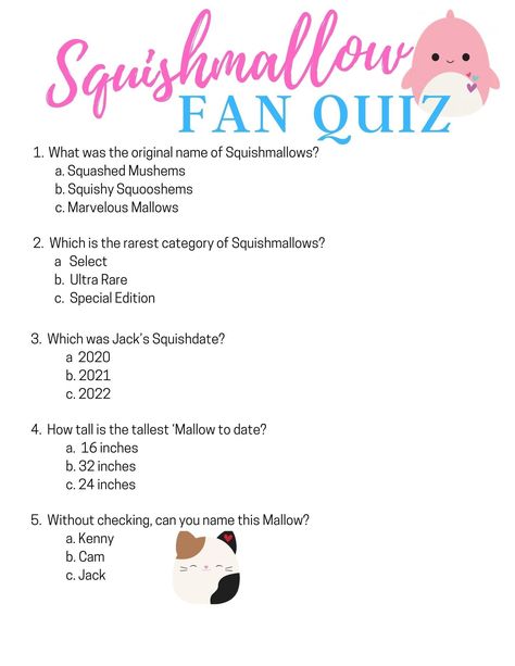 Squishmallow Birthday Party Quiz Take the Squishmallow Fan Quiz to find out if your a super fan! 10 questions and answer guide included. Download once and print as many as needed. Squishmallow Sleepover Party, Squishmallow Birthday Party Activities, Squshimallow Birthday Party, Squishmallow Themed Birthday Party, Squishmallow Party Games, Squishmallow Birthday Party Games, Squishmallow Games, Squishmallow Party Ideas, Squishmellow Birthday Party