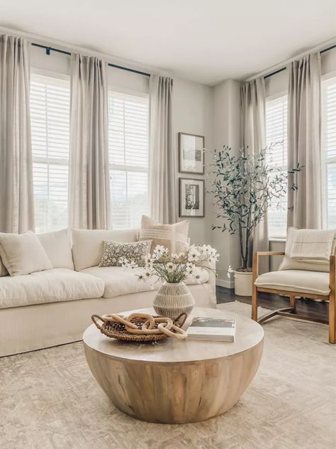 Long Formal Living Room Ideas, Rugs With Cream Leather Couch, Tan House Interior, Modern Rustic Sitting Room, Neutral Living Space, French Country Cottage Dining Room, Formal Living Room Decor Ideas, First Home Living Room Ideas, Space Fillers Living Room