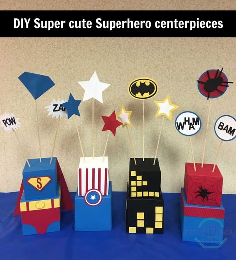 Our Superhero themed Stamp, Scrap and Craft retreat Superhero Centerpiece, Avengers Birthday Party Decorations, Superhero Party Decorations, Cardboard Crafts Kids, Craft Retreat, Marvel Party, Superhero Crafts, Table Centerpieces Diy, Avenger Birthday Party