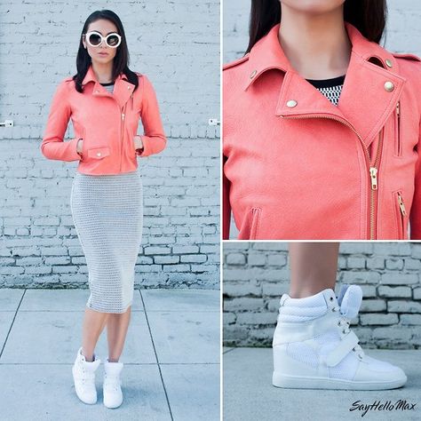 Hi-Tops with a frock. So fab! Wedge Sneakers Outfit Dressy, White Wedge Sneakers, Prada Baroque Sunglasses, Wedge Sneakers Outfit, Pencil Skirt Casual, Outfits Dressy, Skirt Casual, Pencil Skirts, Church Outfits