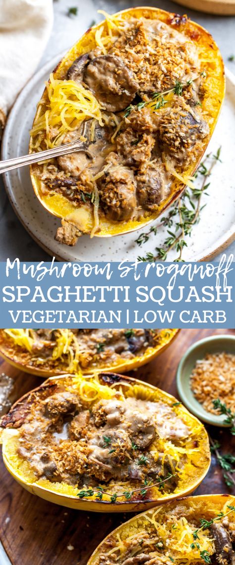 Mushroom Stroganoff Spaghetti Squash with crispy garlic breadcrumbs is a low-carb, nutritious vegetarian meal. Ready in 1 hour, this hearty dinner will be a weeknight family favorite. #stroganoff #mushroomstroganoff #stroganoffvegetarian #spaghettisquash #lowcarbrecipes #vegetarianrecipeshealthy #mushroomrecipes #vegetarianrecipesdinner #spaghettisquashrecipes Vegetarian Stroganoff, Vegan Spaghetti Squash, Dishing Out Health, Squash Spaghetti, Denver Food, Cooking Spaghetti, Crispy Garlic, Vegetarian Mexican, Mushroom Stroganoff