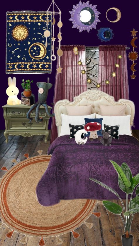 whimsigoth room inspo⭐️🪻🌞 Whimsigoth Bed, Whimsigoth Room, Whimsigoth Bedroom, Purple Front Doors, Witchy Bedroom, Witchy House, Witch Room, Dark Wood Furniture, Dreamy Room