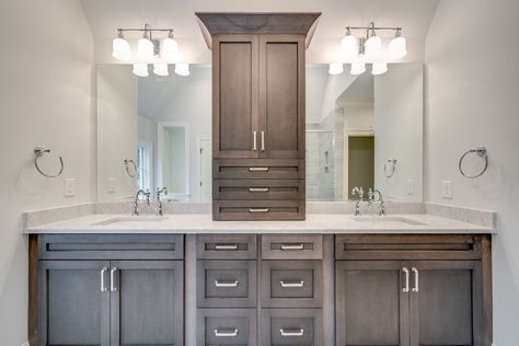 Storage Master Bath, Double Vanity Master Bath, Vanity Master Bath, Cottage Cabinet, Bathroom Vanity Designs, Custom Millwork, Storage Console, Cabinet Color, Master Bath Remodel