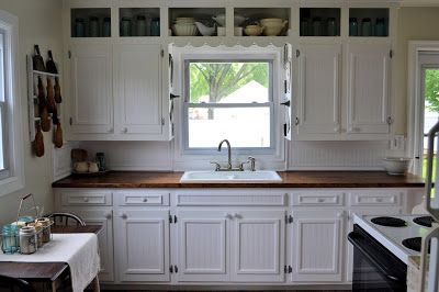 Cabinets Over Sink, Bead Board Cabinets, Kitchen Cabinets Before And After, Grand Kitchen, Clean Kitchen Cabinets, Bead Board, Primitive Kitchen, Wood Countertops, Diy Home Repair