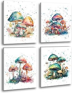 Mushroom Watercolor Paintings, Easy Mushroom Painting, Wall Art For Cafe, Watercolour Aesthetic, Mushrooms Poster, Mushroom Room, Kitchen Dining Room Decor, Mushroom Painting, Trippy Wall Art