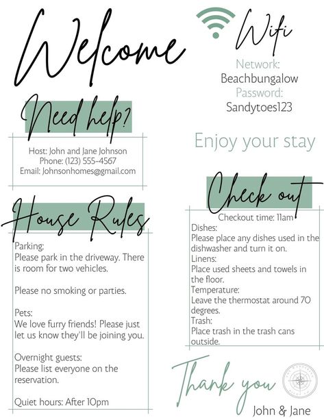 1 Page Airbnb Welcome Template, Beautiful Editable Welcome Sign for Hosts, Airbnb Checkout Instructions, Wifi Sign, House Rules Guide - Etsy Airbnb Checklist, Airbnb House Rules, Airbnb Superhost, Welcome Template, Welcome Basket, Welcome Baskets, Airbnb House, Airbnb Design, Wifi Sign