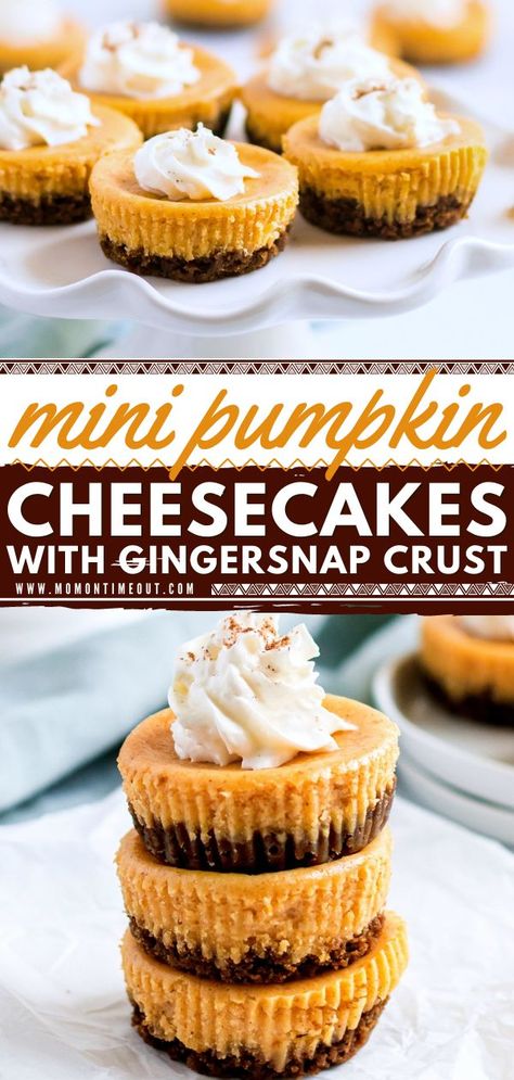 Mini Pumpkin Cheesecake Recipe with Gingersnap Crust, fall baking recipes, thanksgiving desserts Pumpkin Cheesecake Gingersnap Crust, Mini Pumpkin Pie Cheesecake, Easy Fall Baking, Pumpkin Cheesecake Muffins, Mini Pumpkin Cheesecake, Monster Munch, Gingersnap Crust, Pumpkin Pie Cheesecake, Mini Cheesecake Recipes