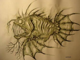 Fish Simple Drawing, Angler Fish Tattoo, Scary Sea Creatures, Scary Fish, Fish Sketch, Sea Creatures Art, Pen Work, Scary Drawings, Deep Sea Creatures