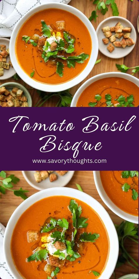 Tomato Basil Bisque in two bowls. Tomato Basil Bisque, Tomato Bisque Soup, Vegan Thanksgiving Dinner, Easy Cheap Dinner Recipes, Tomato Basil Soup Recipe, Quick Pasta Recipes, Bisque Recipe, Tomato Bisque, Haitian Food Recipes