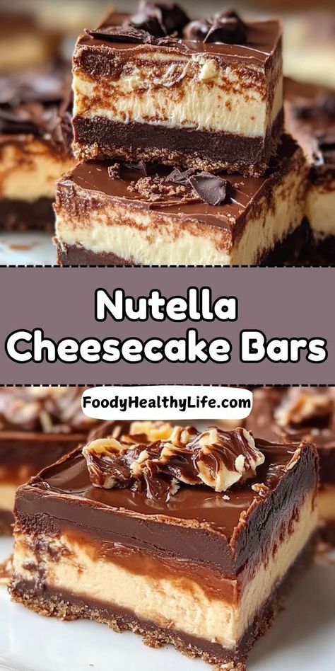 **Indulge in Decadent Nutella Cheesecake Bars**

Rich, creamy, and oh-so-chocolatey, these Nutella Cheesecake Bars are a dream come true for chocolate lovers. A perfect blend of flavors and textures, this easy-to-make dessert is sure to impress. 

#NutellaCheesecake #CheesecakeBars #ChocolateDessert #EasyRecipe #Foodie Nutella Cheesecake Bars, Nutella Cream Cheese, Cheesecake Bars Easy, Nutella Cheesecake, Easy To Make Desserts, Irresistible Desserts, Cheesecake Filling, Cheesecake Bars, Graham Cracker Crumbs