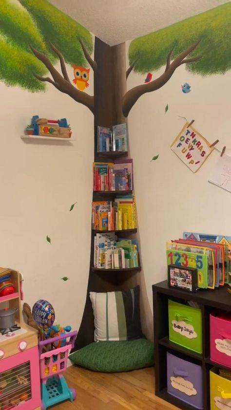 Corner Reading Nook | Daycare decor, Modern kids room, Daycare wall decor Corner Reading Nook, Daycare Decor, Daycare Design, Walls Decor, Daycare Room, Preschool Classroom Decor, Church Nursery, Tree Mural, Playroom Wall Decor