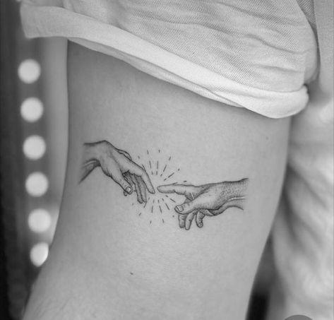 Subtle Biblical Tattoos, Creation Of Adam Woman Hand, Boho Couple Tattoos, Hand Of Creation Tattoo, Creation Of Adam Tattoo Simple, Creation Of Adam Hands Tattoo, Hands Reaching For Each Other Tattoo, Hands Of Creation Tattoo, Touching Hands Tattoo