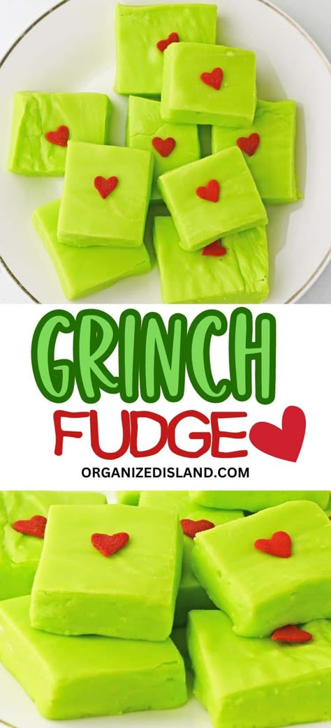 Cozy Winter Party, Grinch Fudge, Grinch Snack, White Chocolate Fudge Recipes, Christmas Desserts Party, Winter Party Themes, Winter Party Decorations, White Chocolate Fudge, Fudge Recipes Chocolate