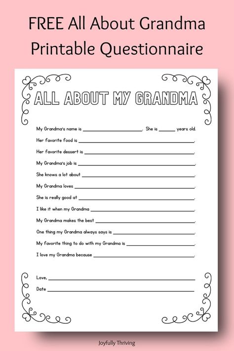 Free Mother's Day Printable Questionnaires - A Special Gift Idea All About My Grandma, I Love My Grandma, Grandma Names, Budget Help, Mother's Day Activities, Alphabet Tracing Worksheets, Parenting Help, Family Rules, 1 Birthday