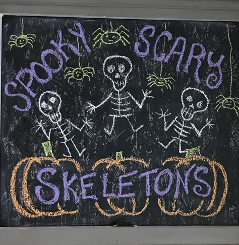 Halloween Chalkboard Art Skeletons Skeleton Chalk Art, Halloween Chalk Wall Ideas, Halloween Chalkboard Art Diy, Welcome Fall Chalkboard Art, Chalkboard Quotes Home, Fall Sidewalk Chalk Art Ideas, Skeleton Chalkboard Art, Halloween Chalkboard Ideas Easy, Back To School Chalkboard Art Ideas