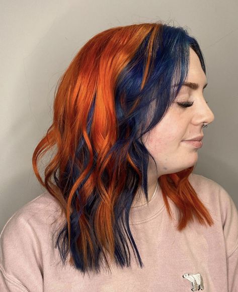 Ginger Blue Hair, Orange Hair Color Ideas, Burnt Orange Hair, Orange Hair Color, Red Hair Colors, Blue Hair Highlights, Cheveux Oranges, Half And Half Hair, Red Hair Color Ideas