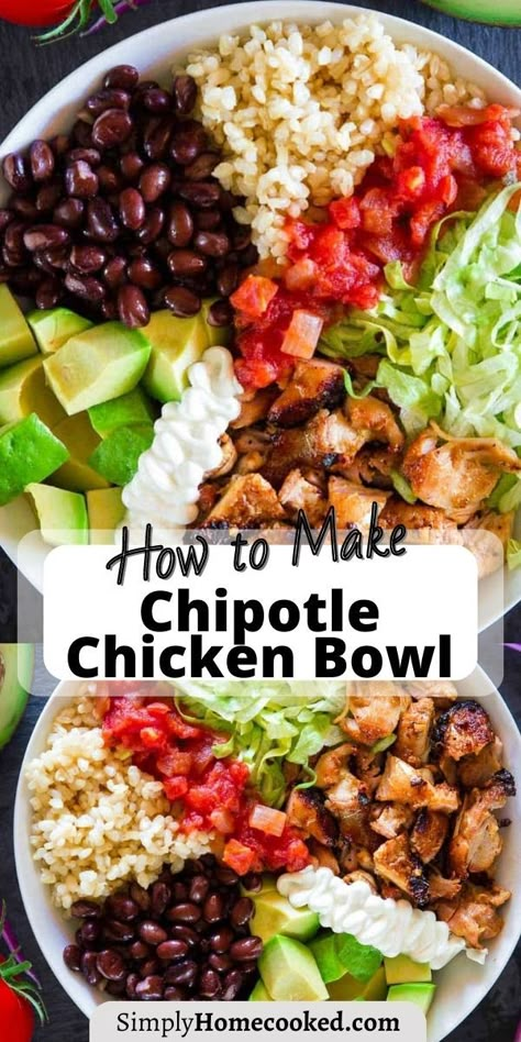 Chipotle Chicken Bowl Recipe, Burrito Salad Bowl, Chicken Salad Bowls, Chipotle Chicken Bowl, Juicy Grilled Chicken, Grilled Recipes, Homemade Chipotle, Chicken Bowl Recipe, Burrito Bowls Recipe