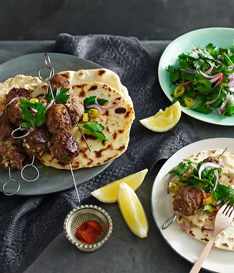 Spiced lamb and pine nut köfte with yoghurt flatbread recipe | Fast lamb recipe - Gourmet Traveller Yoghurt Flatbread, Different Meats, Lamb Kofta, Lamb Kabobs, Cumin Lamb, Garden Party Recipes, Spiced Lamb, Lamb Skewers, Work Food