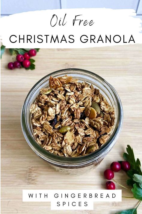 Christmas Granola with Ginger Bread Spices - Oil Free & Healthy Dried Cranberry Recipes, Christmas Granola, Gingerbread Granola, Holiday Morning, Plant Based Diet Recipes, Gluten Free Recipes For Breakfast, Clean Eating Breakfast, Healthy Sweet Treats, Granola Recipe