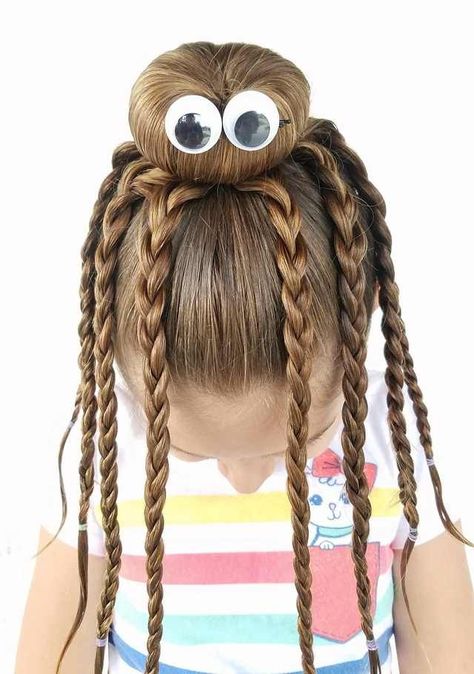 Turn your bun into a spider! Halloween hairstyles braids fun and easy updo for girls Girls School Hairstyles, Easy Hairstyles For School, Wacky Hair Days, Wacky Hair, Crazy Hair Day, Crazy Hair Day At School, Bun Hairstyle, Crazy Hair Days