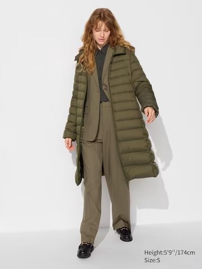 Women's Ultra Light Down Long Coat | UNIQLO UK Light Down, Langer Mantel, Light Rain, Outerwear Coats, Outerwear Women, Long Coat, Panel Siding, Uniqlo, Water Repellent