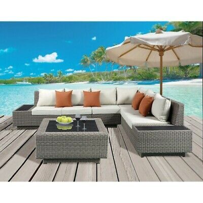 (eBay) ACME Salena Patio Sectional & Cocktail Table in Beige Fabric & Gray Wicker 45020 Wicker Outdoor Sectional, Wicker Sectional, Rattan Furniture Set, Fabric Gray, Outdoor Sofa Sets, Patio Sectional, Beige Cushions, Acme Furniture, Beige Fabric