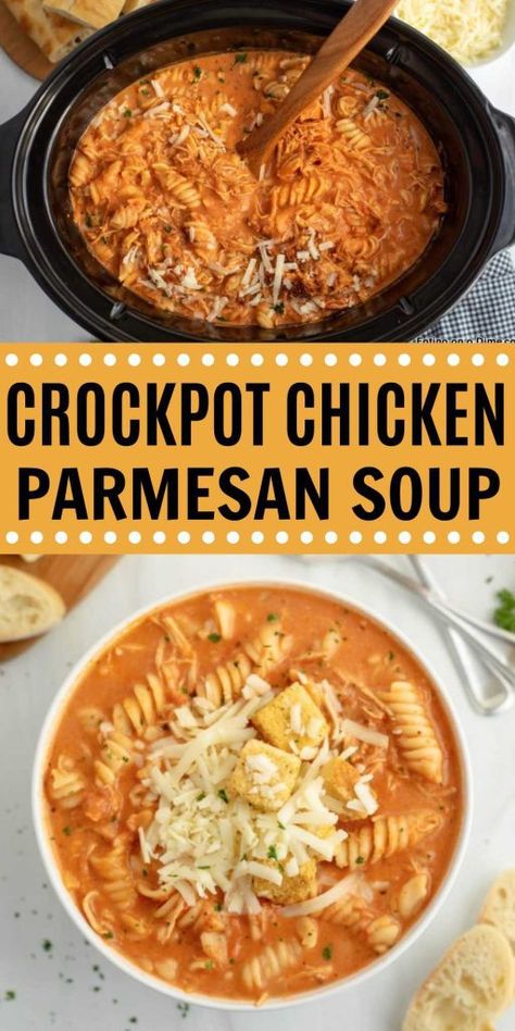 Apartment Meals For Two, Chicken Rotini Soup, Quick Tasty Dinners, Crockpot Chicken Parmesan Soup, Chicken Crockpot Recipes Soup, Dinner For Leftovers, Easy Dinner For Large Group, Hotel Dinner Ideas Meals, Rotisserie Chicken Crockpot Recipes