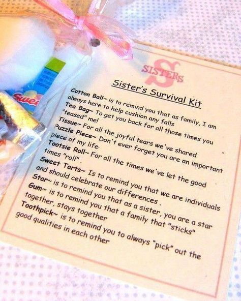 Sister Survival Kit, Sister Gifts Diy, Survival Kit Gifts, Secret Sisters, Sister Christmas, Survival Kits, Encouragement Gifts, Birthday Gifts For Sister, Gifts For Sister